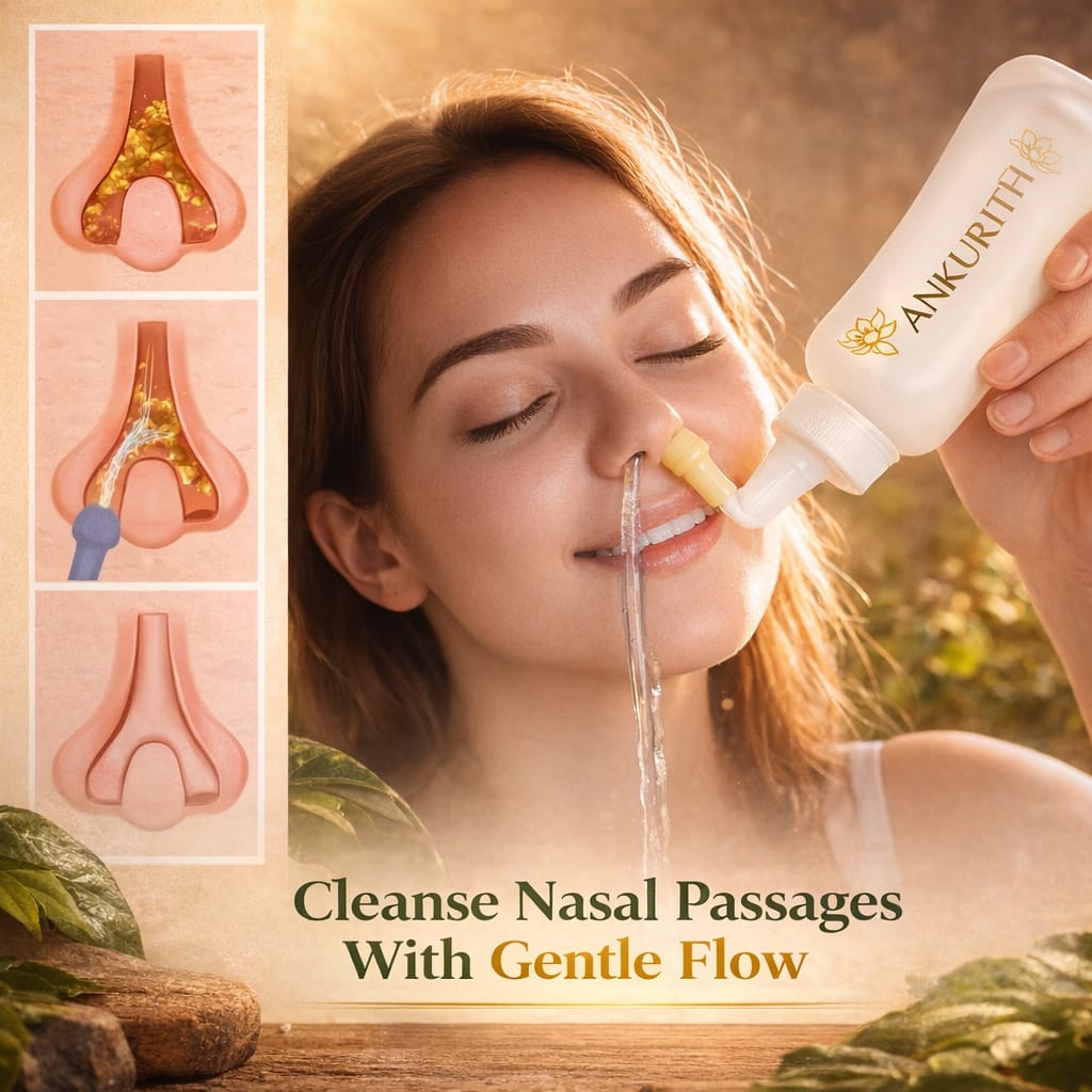 Saline solution flowing gently through the nasal passages during Jal Neti