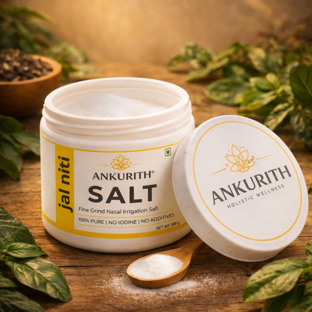 Ankurith Jal Neti Salt jar, open with lid and a wooden spoon of fine salt